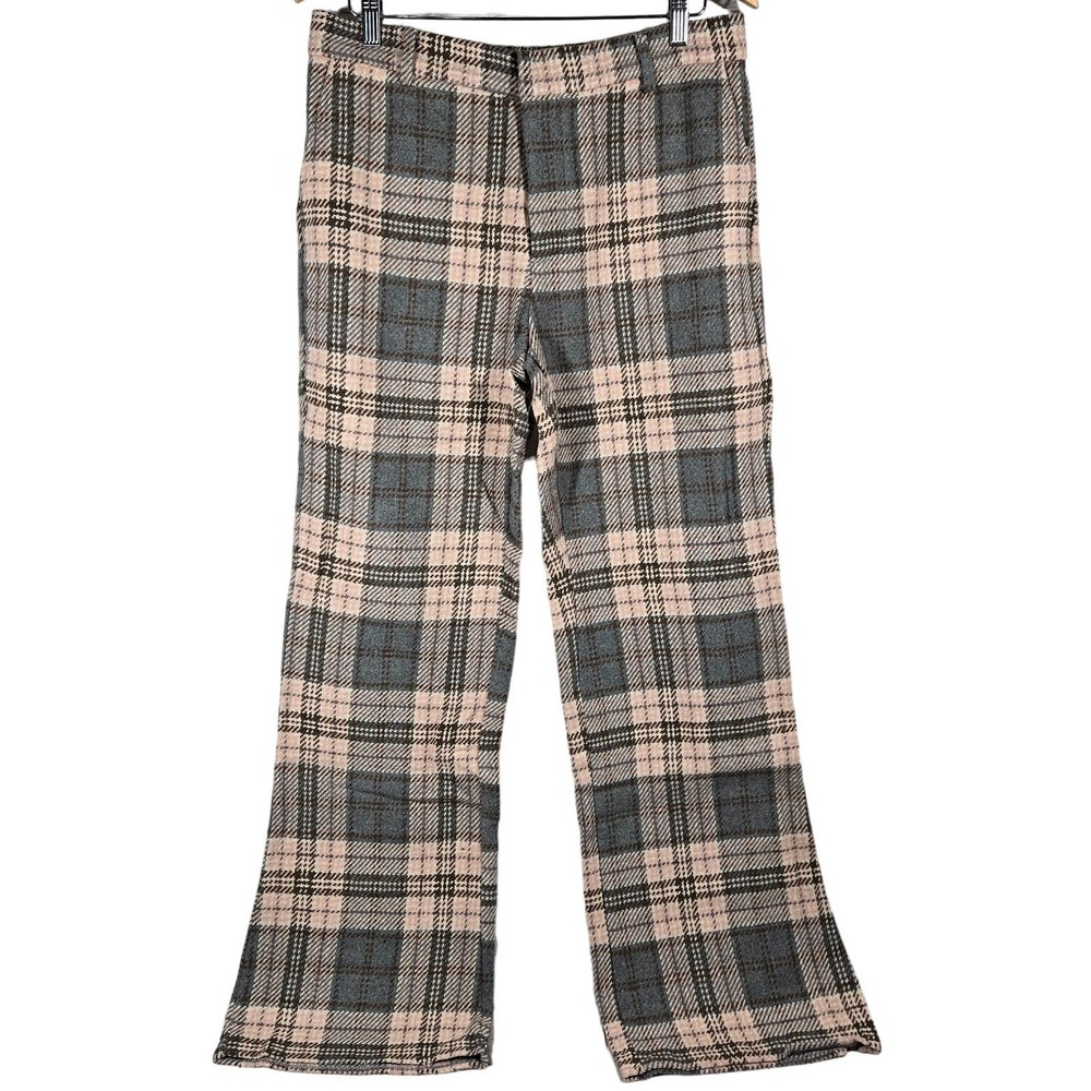 AREA STARS Plaid Wide Leg Pants Trousers Womens‎ Large Pink Grey Flannel Blend